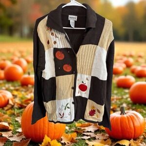VintageBonworth Sweater Womens Brown‎ Patchwork Pumpkins Apples Fall Cardigan
